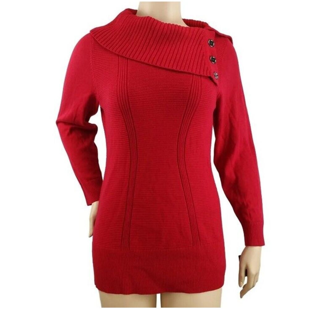 Red Asymetrical Button Cowl Neck Sweater Tunic Sz 1X NWT